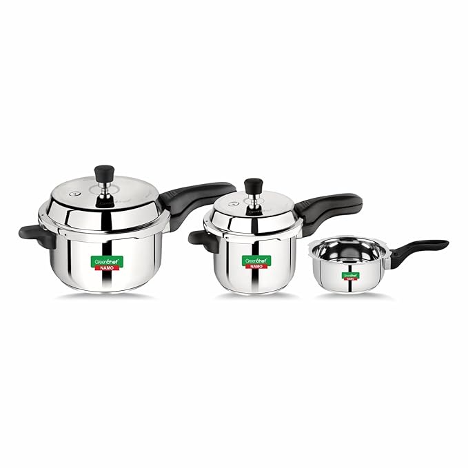 GreenChef New Launch Stainless Steel Pressure Cooker Namo Combo (5L+3L+2L) 5 L, 3 L, 2 L Outer Lid Induction Bottom Pressure Cooker