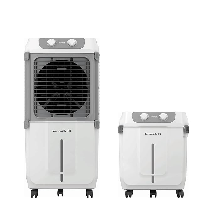 Havells 2-in-1 Convertible 80 L Desert Air Cooler for room| Dual functionality & easy storing| Can be used as side table| 5 Leaf Metal Blade Fan| Powerful Air-Delivery| Bacteria shield honeycomb pads