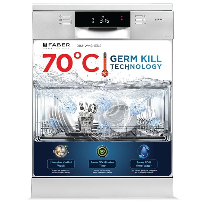 Faber 14 Place Settings Free Standing Dishwasher|8 Wash Programs | LED Display | Adjustable Racks | 3D Wash for Tough Stains