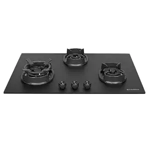 Faber Della 3 Burner 78cm Hob With Auto-Ignition, Brass Burner, Cast Iron Pan Support, Cooktop Hybrid, Matt Black Glass Finish, 5 Yrs Warranty on Glass & Valve, 5 Yrs on Burner - Della HD783 CI AI