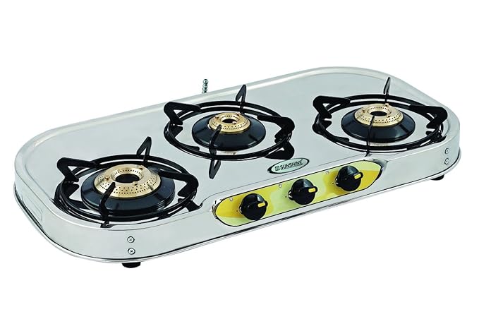 SUNSHINE VT3 Stainless Steel, ISI Certified 3 Burner Manual Ignition Gas Stove (Silver)