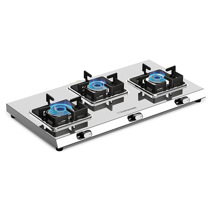 Sunshine Thunder Stainless Steel Stove | 3 Burner Chulha | 3 Burner Gas Stove, Manual Ignition | 5G technology, LPG Ready & PNG Compatible (Silver)